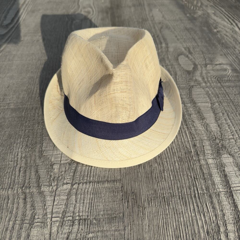 Ralph Lauren Women's Straw Fedora Hat Medium Ivory w/ Navy Grosgrain Band